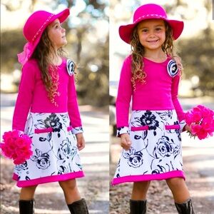 Mia Belle Girls Pink with Black and White Floral Long Sleeve Dress size 4